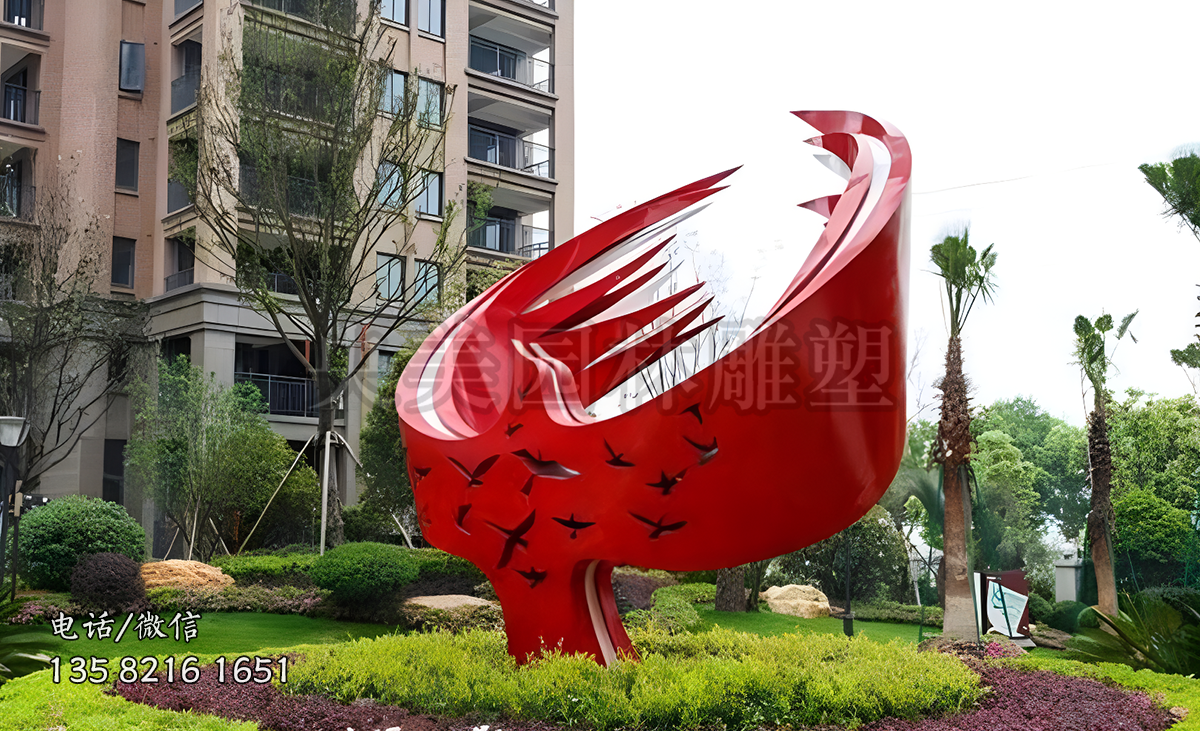 紅色抽象不銹鋼鴿子雕塑