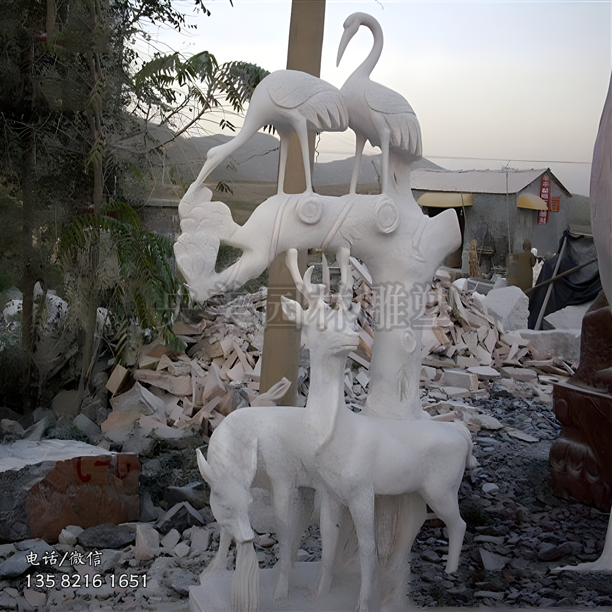 《鹿鶴同春》石雕仙鶴梅花鹿景觀雕塑