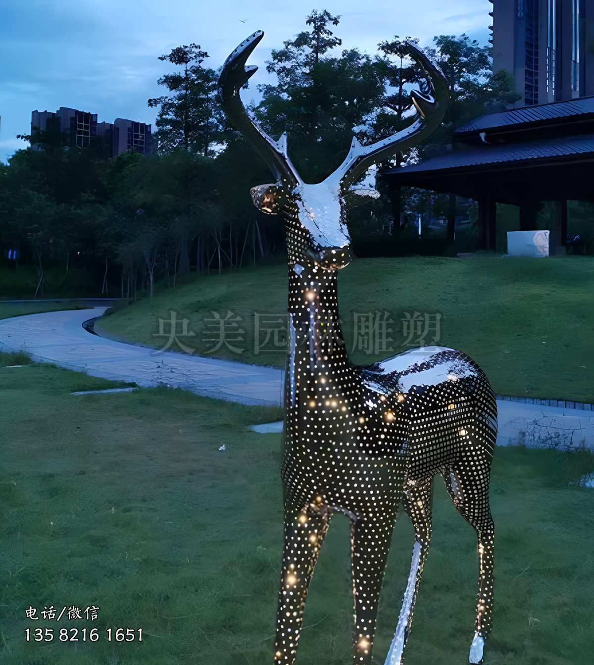 鏡面不銹鋼圓點鏤空透光梅花鹿雕塑