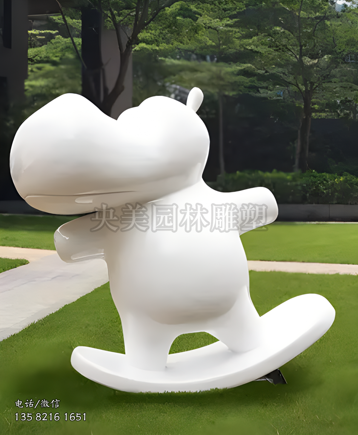 玻璃鋼玩滑板的抽象河馬雕塑