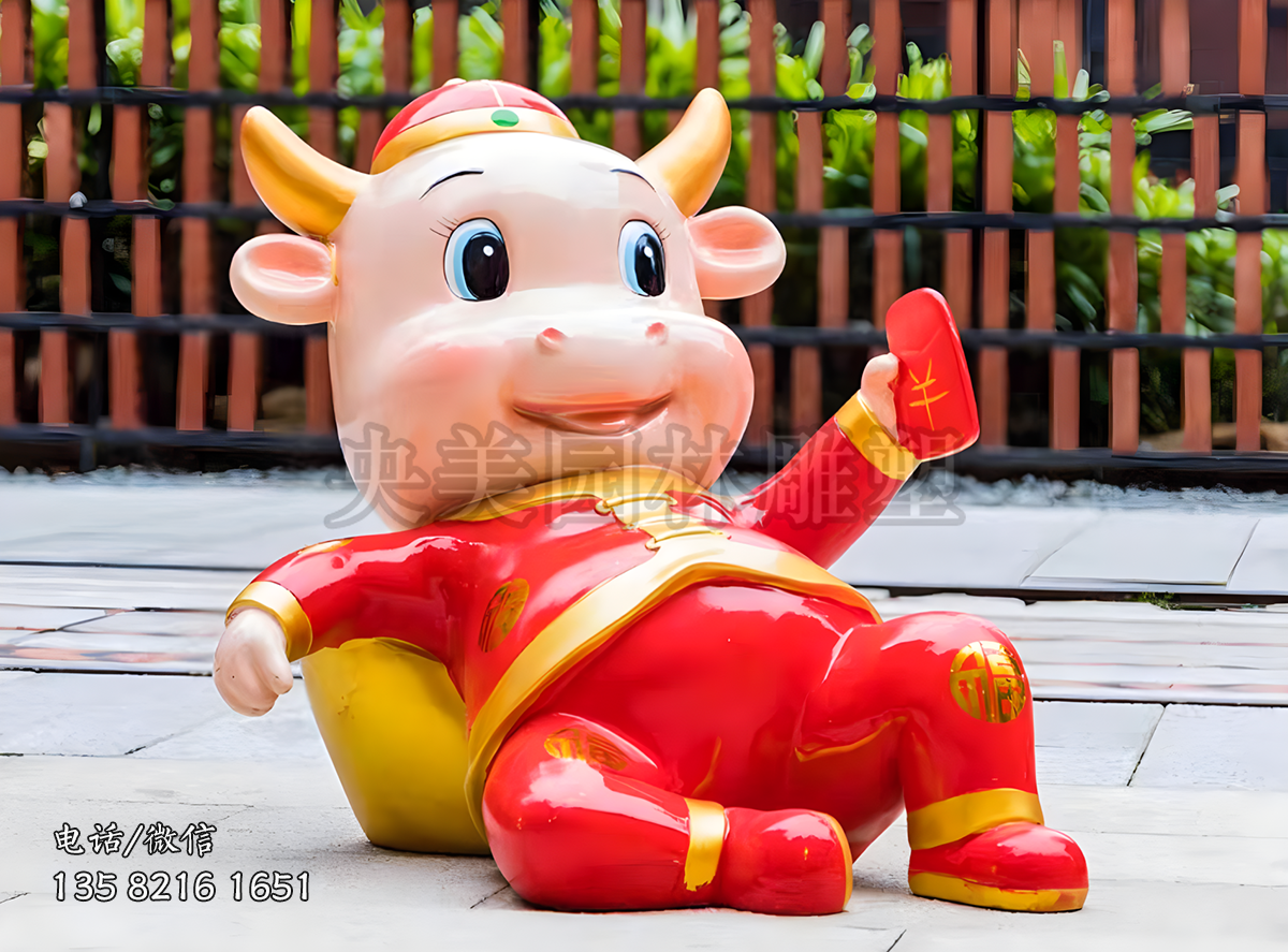 手持紅包躺元寶上的新年美陳卡通牛雕塑
