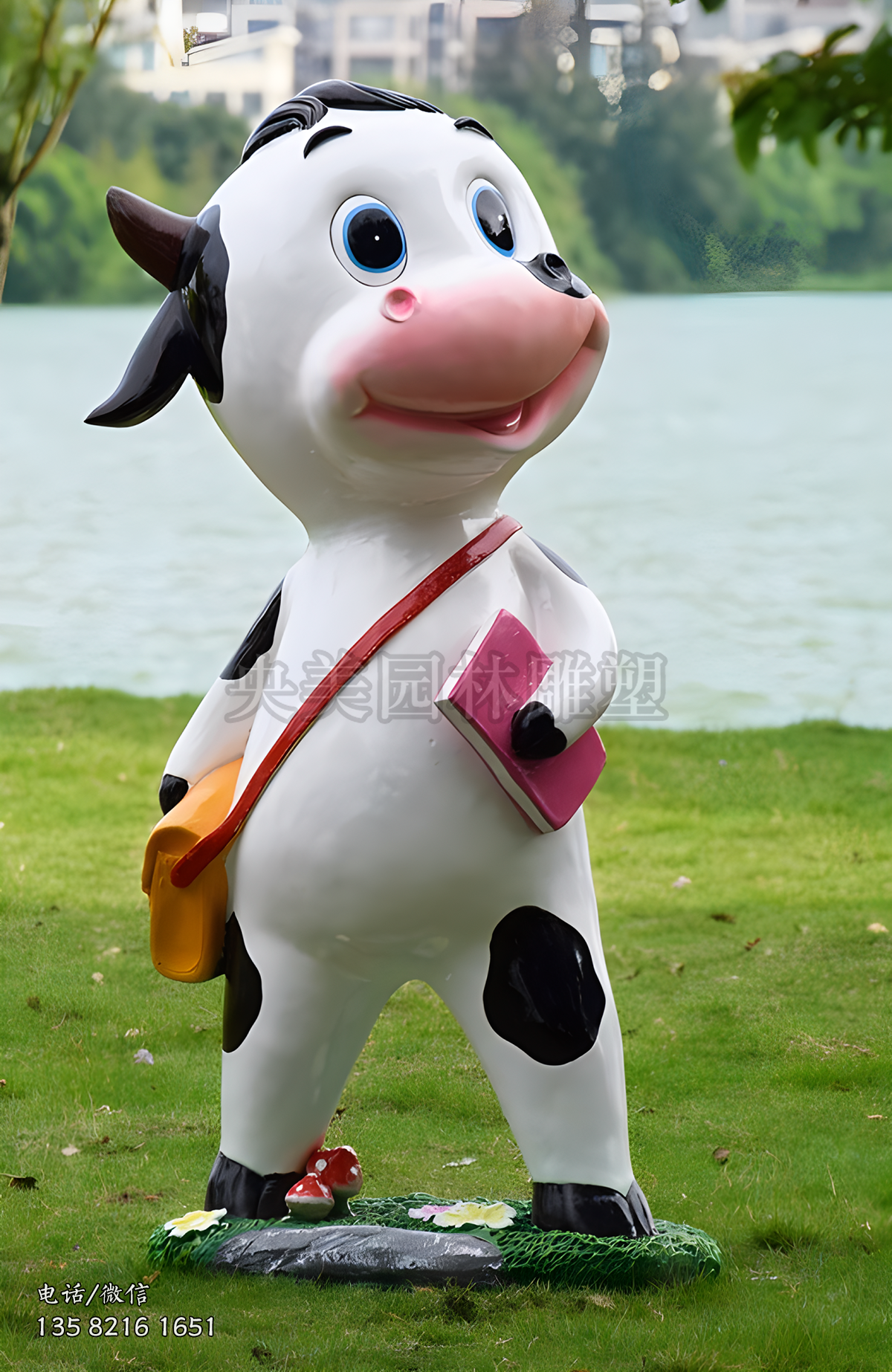 背書包上學(xué)的卡通小奶牛雕塑