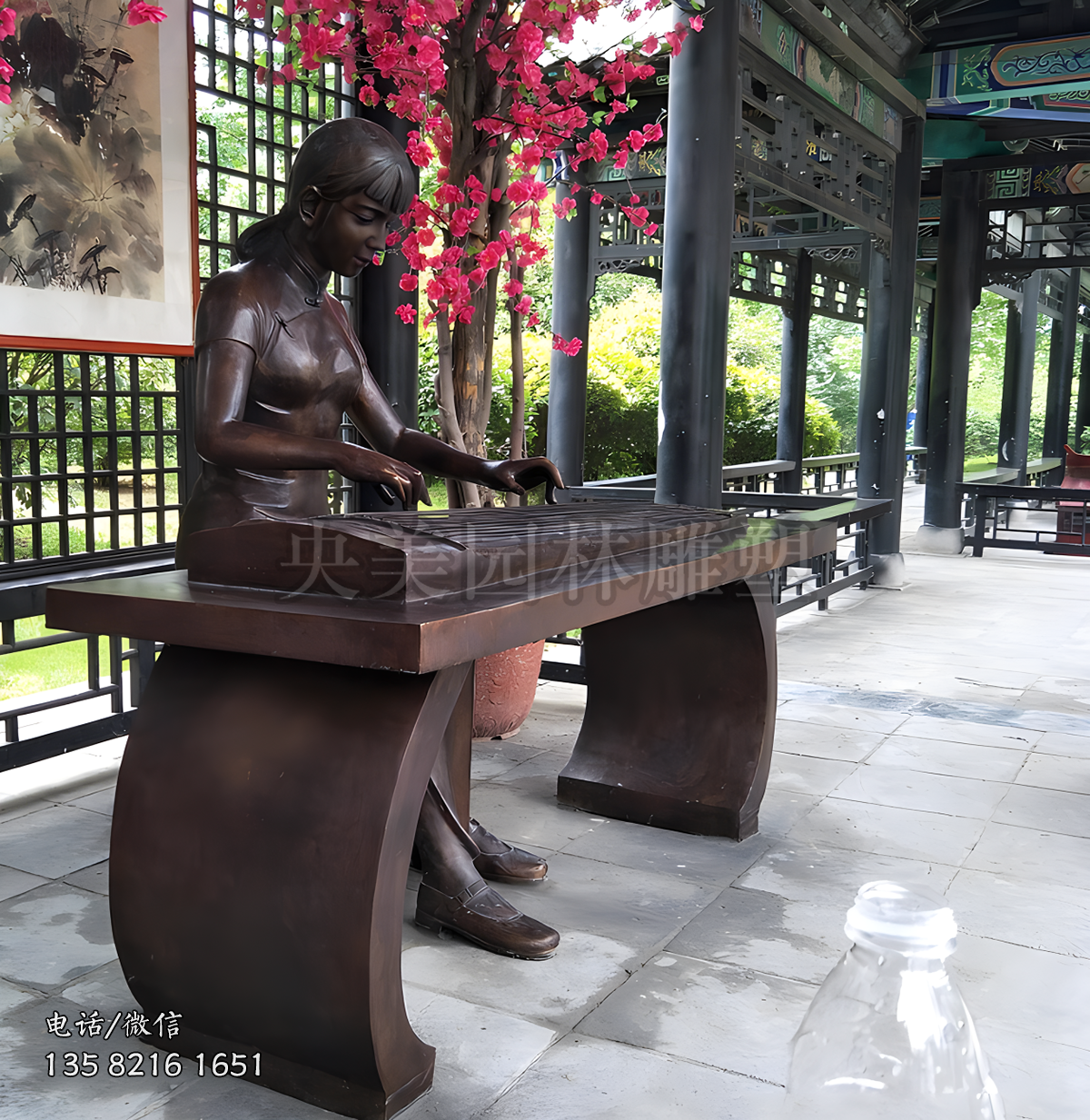 鑄銅古琴，彈琴人物雕塑擺件